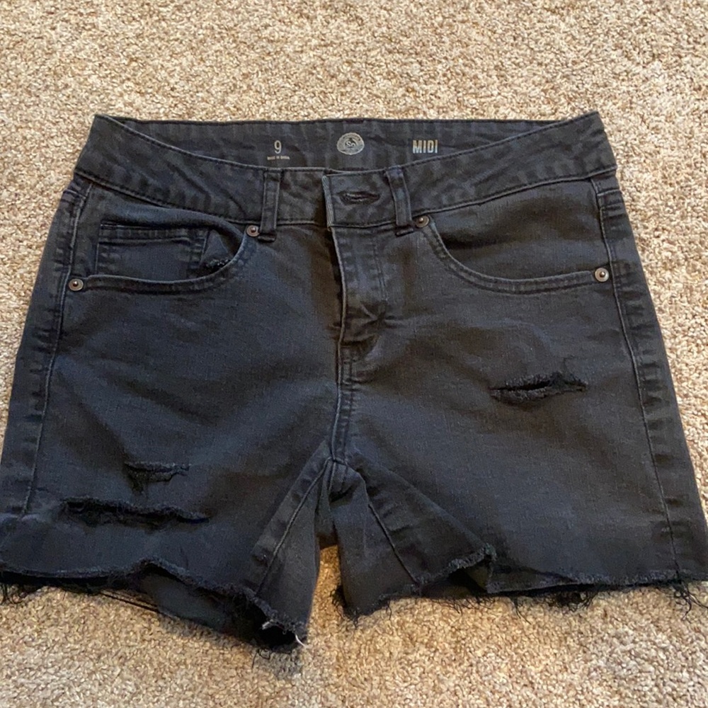 Black Midi Ripped Jean Shorts